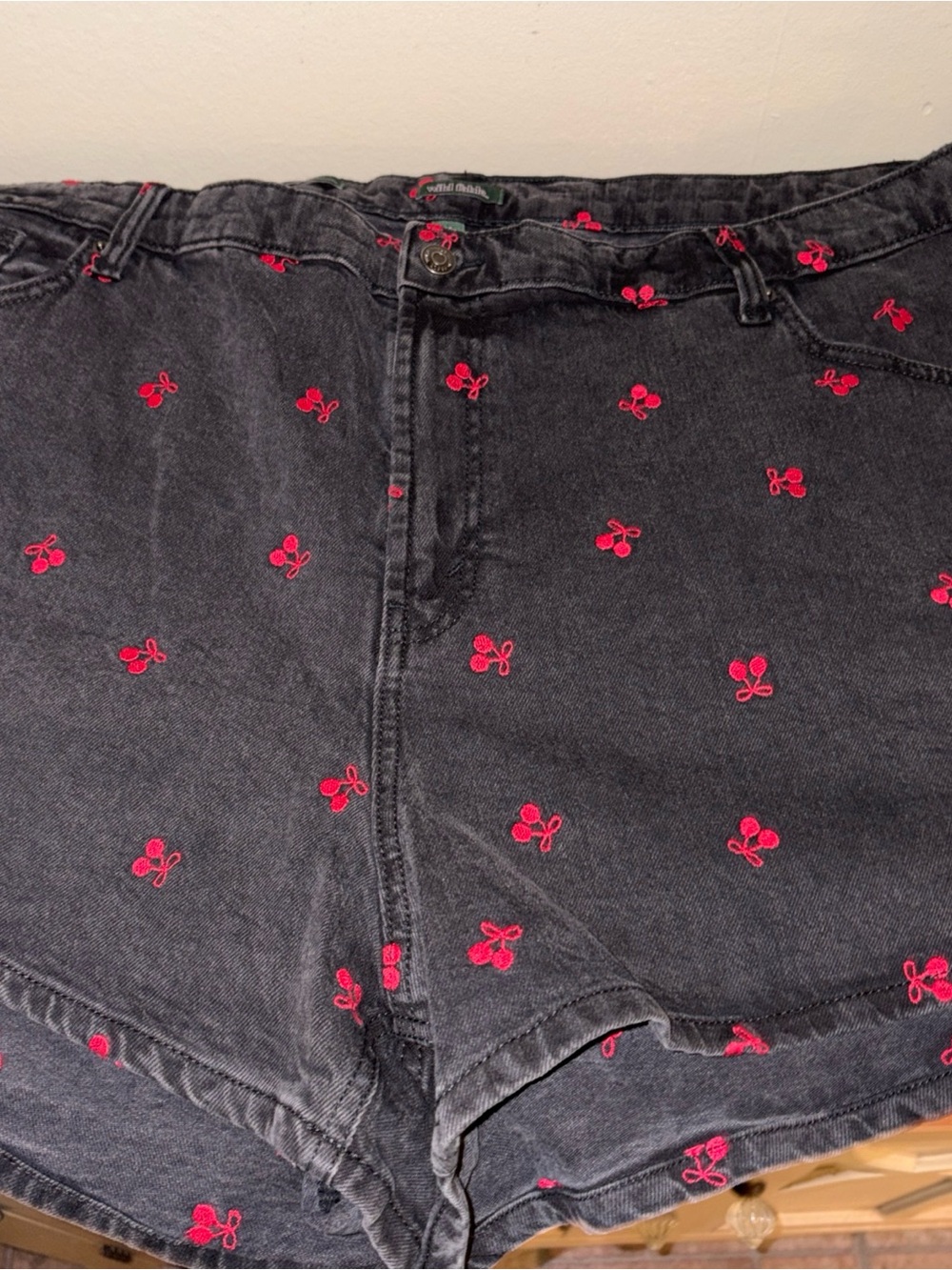 wild fable Black Denim Shorts with Red Embroidered Cherries - Picture 2 of 4